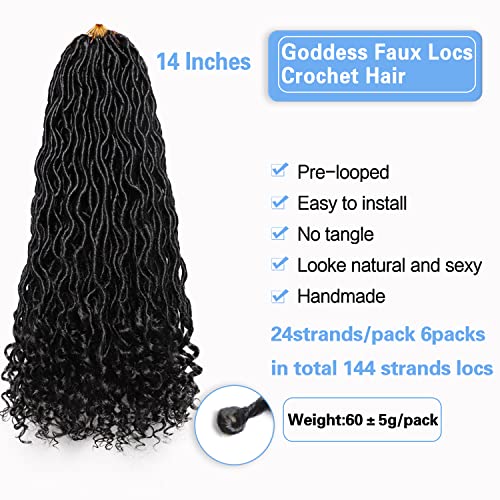 Goddess Locs Crochet Hair 6 Packs 14 Inch Wavy Curly Faux Locs Crochet Hair Pre Looped Crochet Synthetic Braids Hair With Curly Ends Crochet Faux Locs Hair for Black Women(14Inch, 6 Packs 1B)