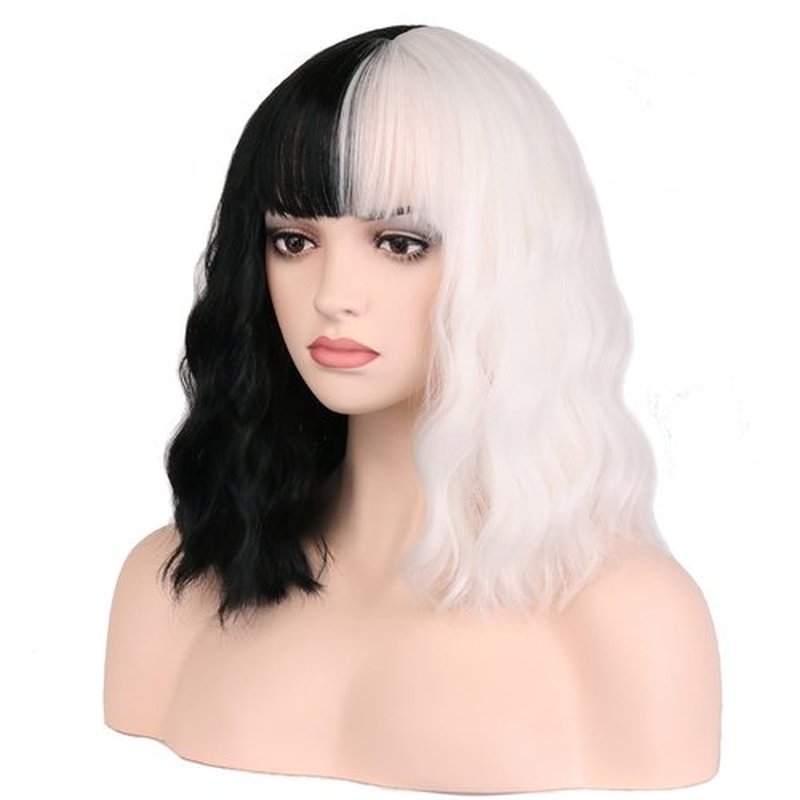 incohair Short Curly Black and White Wigs with Bangs Women's Natural Wavy Synthetic Hair Wigs for Halloween Cosplay Party…
