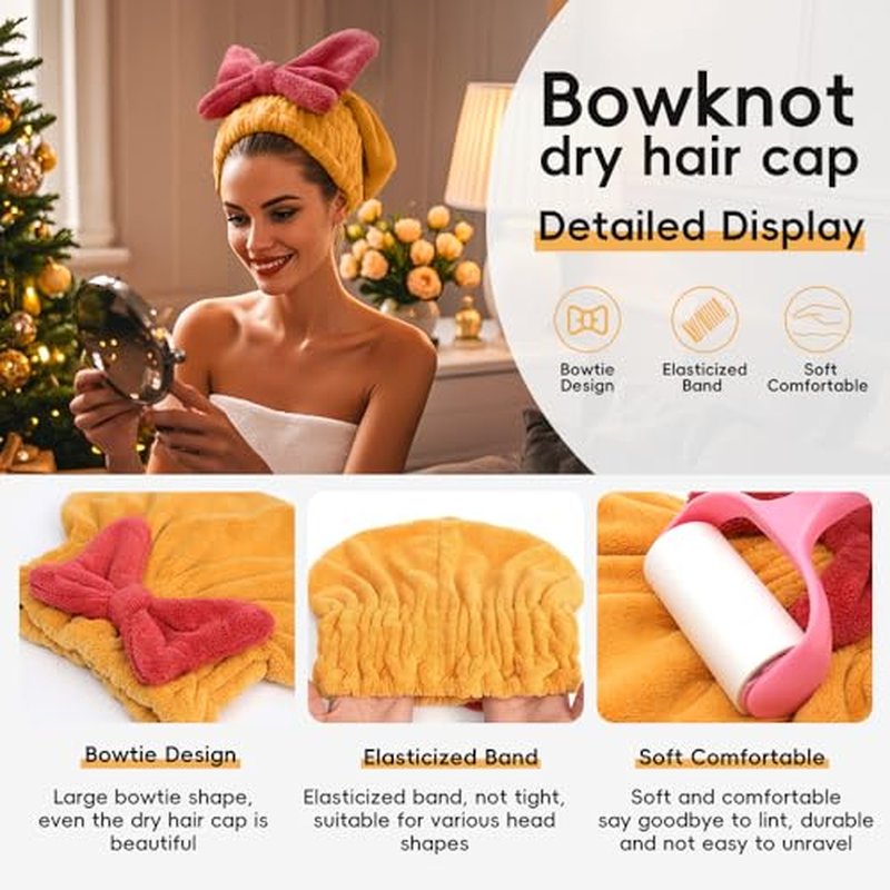 2Pcs Microfiber Hair Drying Caps Extrame Soft Ultra Absorbent Quick Drying Hair Turban Wrap Towels Bow Knot Shower Cap for Curly Long Thick Wet Hair Girls and Women (Burgundy+Yellow)