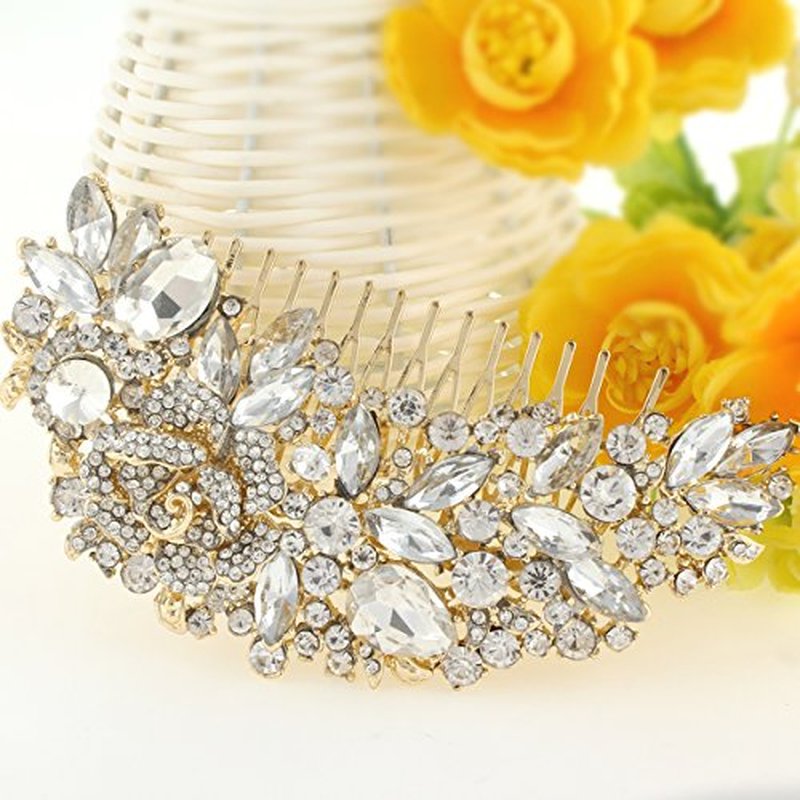 EVER FAITH Austrian Crystal 5 Inch Wedding Bridal Rose Flower Leaf Hair Comb for Woman Clear Gold-Tone