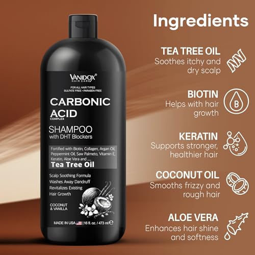 VANIDOX Carbonic Acid Shampoo for Men and Women with DHT Blockers - Made in USA - Stimulates Hair Growth, Scalp Exfoliator, Sulfate Free Shampoo with Biotin and Tea Tree Oil (16 Fl Oz)