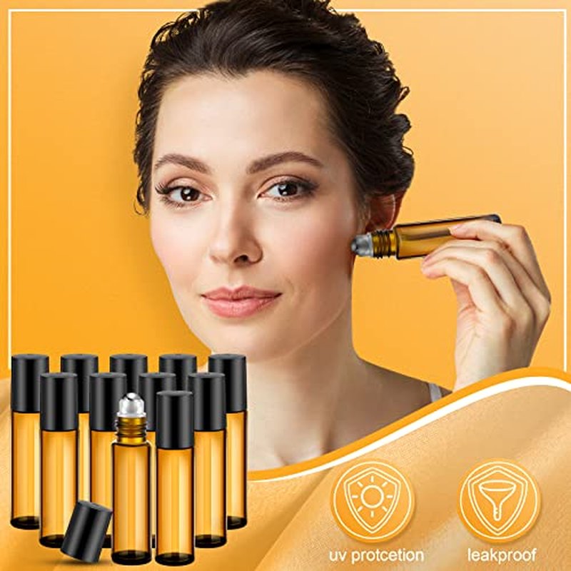 SEEWEY 96 Pcs Essential Oil Roller Bottles 10ml Empty Glass Roller Bottles with Stainless Steel Roller Balls Protection Leakproof with 5 Funnel for Travel Perfume Lip Gloss(Amber)