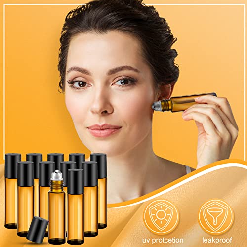 SEEWEY 96 Pcs Essential Oil Roller Bottles 10ml Empty Glass Roller Bottles with Stainless Steel Roller Balls Protection Leakproof with 5 Funnel for Travel Perfume Lip Gloss(Amber)