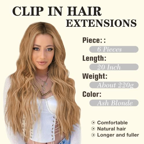 NAYOO Clip in Hair Extensions for Women 20 Inch Long Wavy Curly Ombre Brown to Blonde Hair Extension Full Head Synthetic Hair Extension Hairpieces(6PCS,Ombre Brown to Blonde)