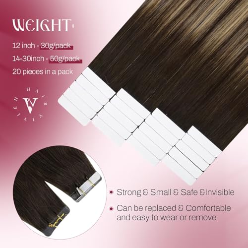 Vivien Balayage Tape in Hair Extensions Human Hair Brown to Caramel Blonde Tape in Extensions Human Hair Invisible Tape in Human Hair Extensions Seameless 22 Inch Short Human Hair 50g 20pcs