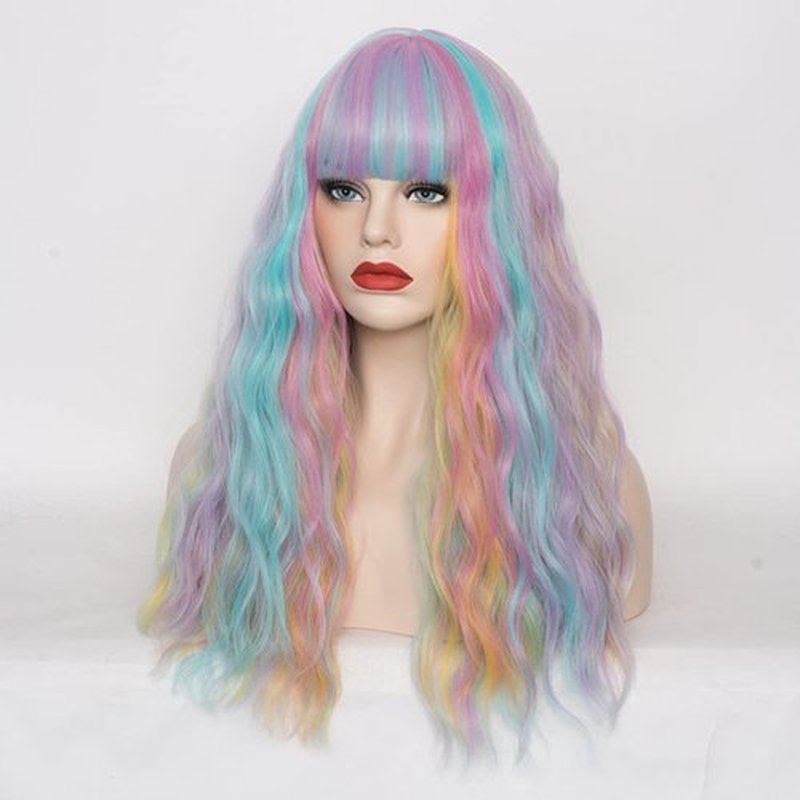 WGPFWIG Women's Multi Color Rainbow Wig 22''Long Curly Wavy Wig Shoulder Length Flat Bangs Wig For Women Girl Cosplay Party Halloween Wig Cap Included (22''Multi Color Rainbow)