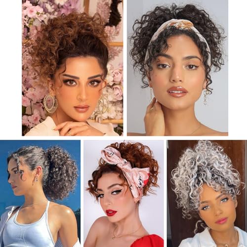 Adancyler Messy Bun Hair Piece Yaki Textured Sweet Loose Wavy Curly Hair Bun Short Drawstring Ponytail Extensions Hair Toppers Synthetic Hairpieces Pony Tails Hair Extensions for Women(Black)