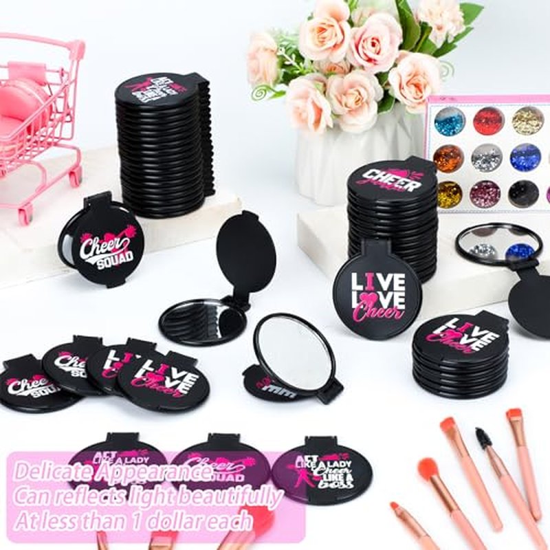 Wenqik 50 Pcs Cheerleader Mirror Gifts Cheerleading Compact Mirror Bulk Folding Pocket Mirror Cheer Party Favors for Team(Black Pink Cheer)