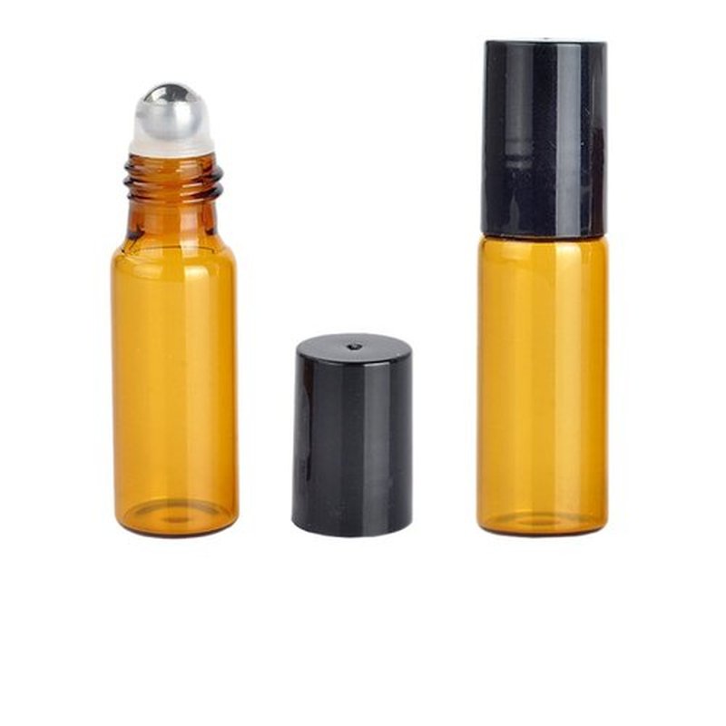 Wresty 25 Pcs Essential Oil Glass Roller Bottles Mini Tiny Refillable Empty Aromatherapy Perfume Liquid Amber Glass Roll On Bottles Vials Metal Rollerball Bottles Jar (5ml)