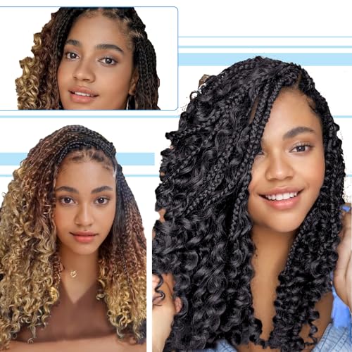 SHDanrtsey 15 Inch Goddess Bohemian Box Braids Crochet Hair 128 Strands Curly Ends 8 Packs Synthetic Braiding Hair Extensions for Black Women(1B)