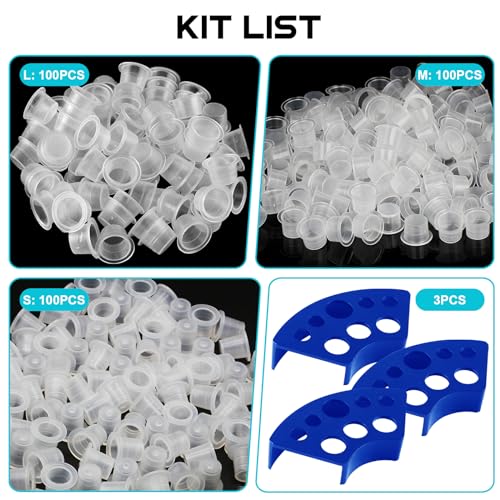 WZPB Tattoo Ink Caps with Cup Holder - 300 Mixed Size Tattoo Ink Cups 100 Small 100 Medium 100 Large with 3 Blue Tattoo Ink Cap Holders Permanent Makeup Container for Tattoo Ink Tattoo Supplies