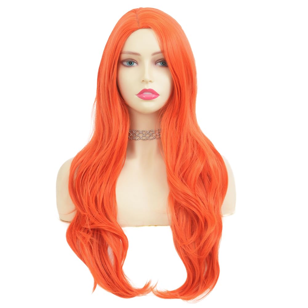 Tseses Orange Long Curly Wavy Womens Wig Hair Natural Looking Side Part Cosplay Halloween Synthetic Fiber Wig Heat Resistant Replacement Full Wig (Orange)