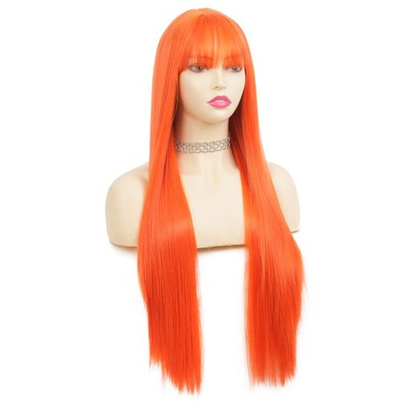 Tseses Orange Wig with Bangs Long Straight Orange Wigs for Women Cosplay Wigs Heat Resistant Synthetic Wig for Daily Party Halloween Use