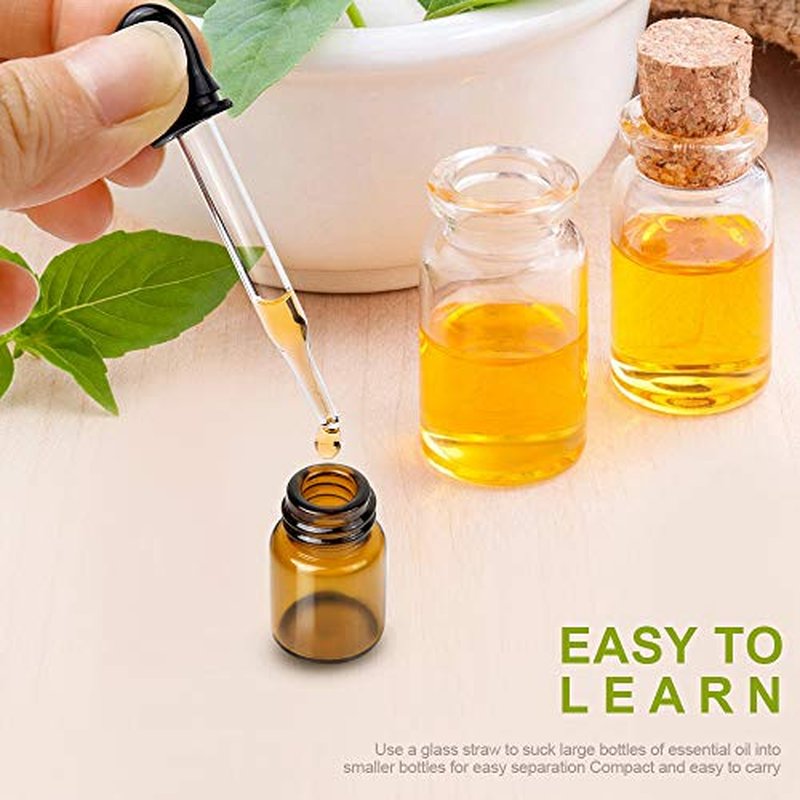Teenitor Oil Bottles for Essential Oils, 36 Pcs 2 ml (5/8 Dram) Amber Glass Vials Bottles, with Orifice Reducers and Black Caps, with 2 Free Glass Transfer Eye Droppers