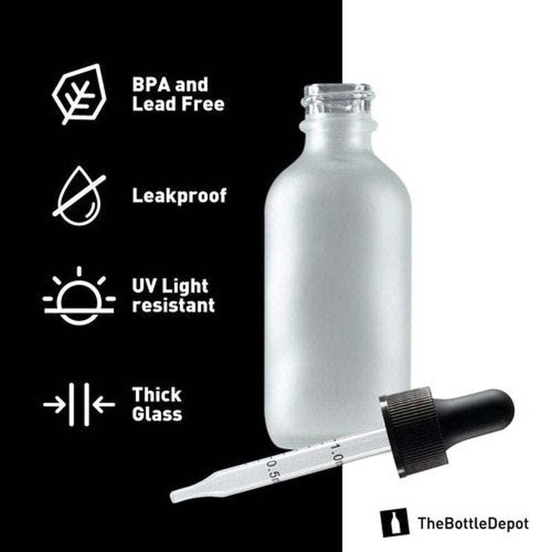 The Bottle Depot - 2 Pack - 2 oz Glass Bottle with Dropper - Clear Frosted - 20-400 Neck Finish - Boston Round Bottles - Leakproof Essential Oils Bottles