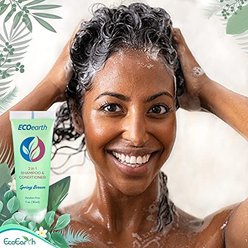 EcoEarth Travel Size Shampoo Conditioner 2-in-1 (0.5 fl oz, 100 PK, Spring Breeze) Delight Your Guests w/Revitalizing & Refreshing Conditioning Shampoo Amenities, Small Size Hotel Toiletries in Bulk