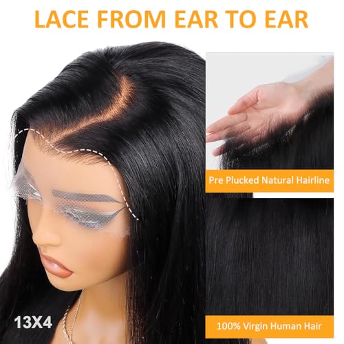 QTHAIR 14A Brazilian Hair Straight Human Bundles with Transparent Hd Lace Closure(16 18 20+14,Natural Black) 100% Unprocessed Human Hair with Swiss Lace Closure Brazilian Straight Weave Hair