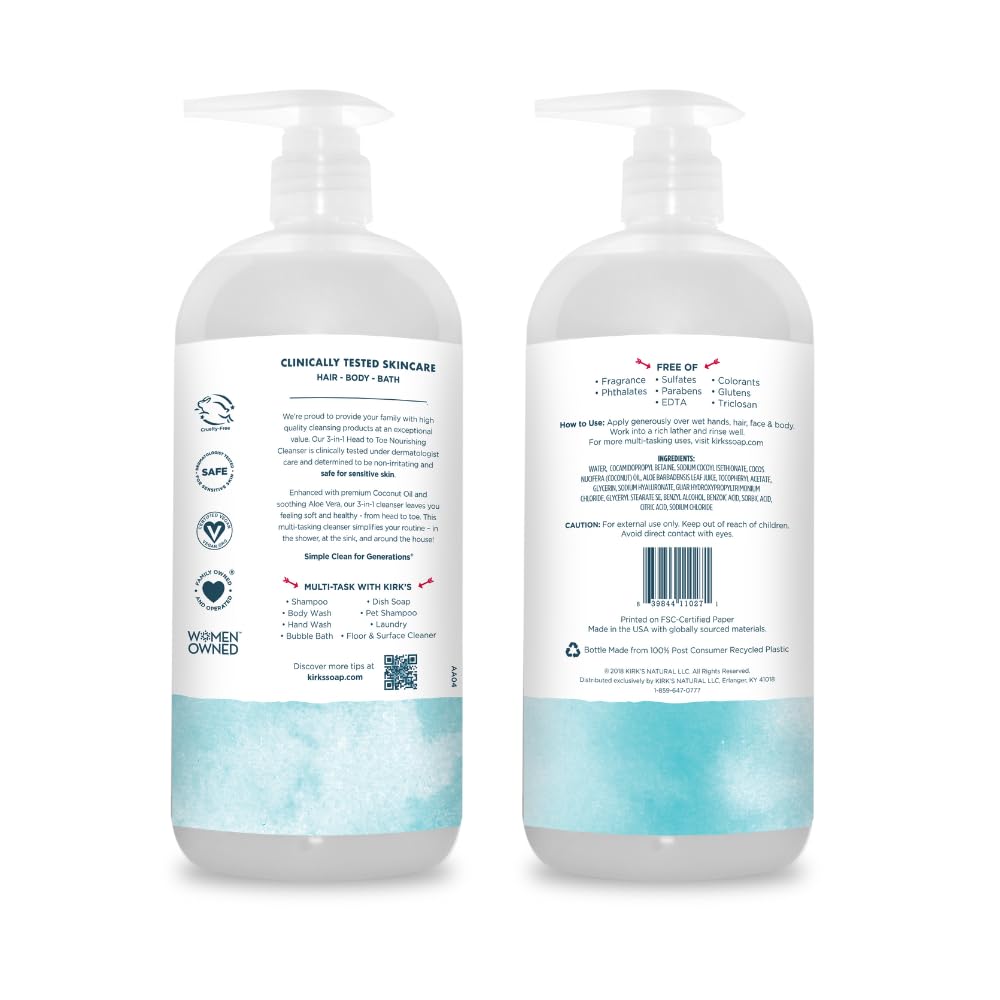 Kirk's 3-in-1 Head to Toe Nourishing Liquid Cleanser & Travel Size Bar Soap - for Men, Women & Children - Premium Coconut Oil and Aloe Vera- Non GMO & Vegan -Fragrance Free - 32 Fl Oz. 2 pack