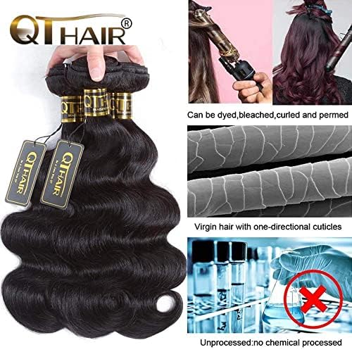QTHAIR 14A Body Wave Bundles with Closure Human Hair (10 10+10) Brazilian Human Hair Bundles with 4x4 HD Lace Closure Free Part 100% Unprocessed Virgin Hair Body Wave Bundles Natural Color