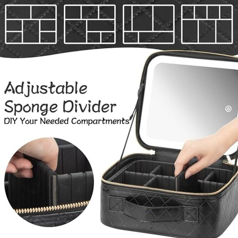 Extrei Gent Makeup Travel Train Case With LED Lighted Mirror, Portable Waterproof 3-Color Adjustable Brightness Professional Makeup Bag with Dividers Makeup Brush Accessories and Toolkit