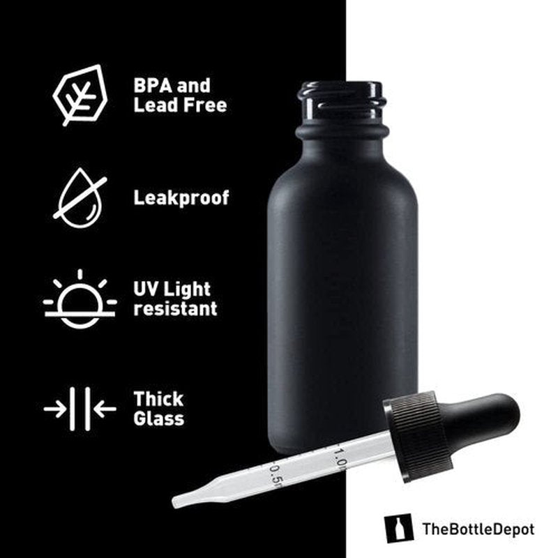 The Bottle Depot - 2 Pack - 1 oz Glass Bottle with Dropper - Black Frosted - 20-400 Neck Finish - Boston Round Bottles - Leakproof Essential Oils Bottles