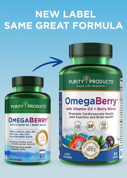 Purity Products OmegaBerry Fish Oil with Vitamin D3 and Organic Acai - 1250mg Concentrated Molecularly Distilled Ultra Pure Omega-3 Fish Oil, 500mg DHA + 650mg EPA - 60 Soft Gels - 30 Day Supply from