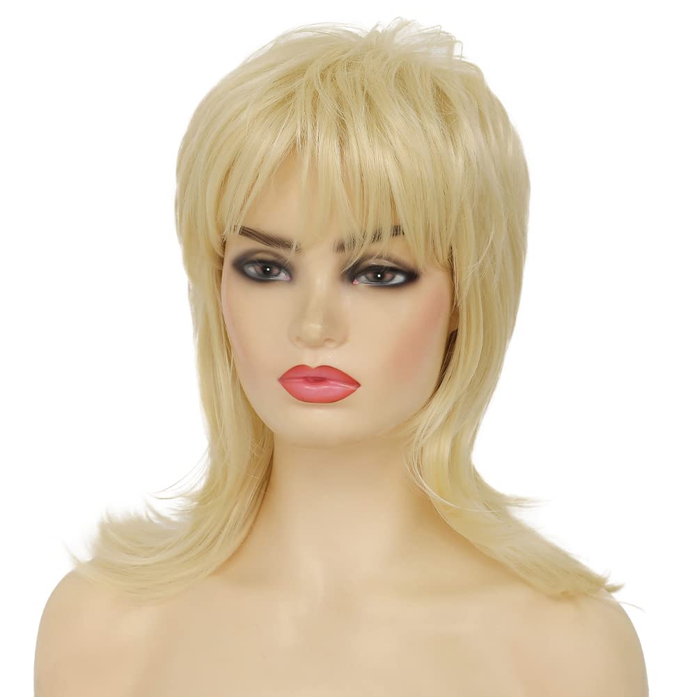Kaneles Blonde Mullet Wigs for Women Layered Curly Hair with Bangs Shoulder Length Synthetit Replacement Wig 70s 80s Costume Cosplay Party Wig (Blonde)