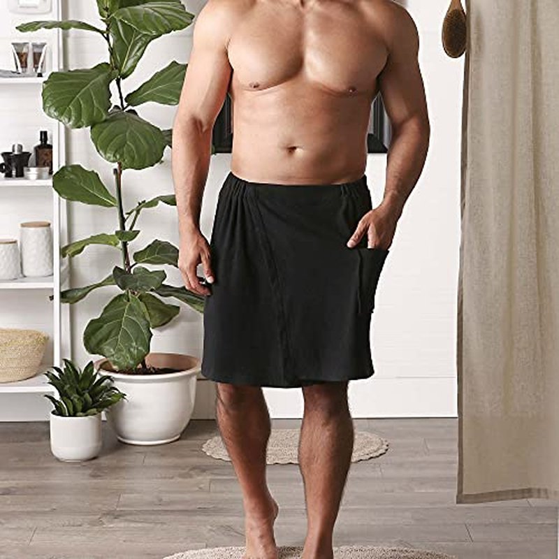 DII Men's Terry Shower Wrap Collection Adjustable with Velcro and Pocket, 54x20, Black