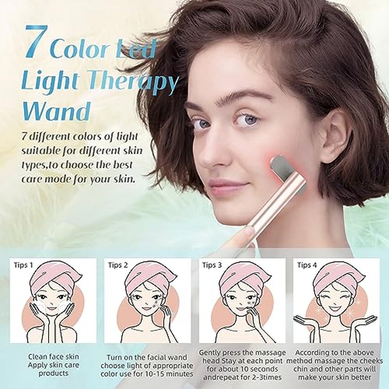 Fxtiaa Led-Face-Wand,7 in 1 LED Light Therapy Facial Red & Blue Rejuvenation Tool