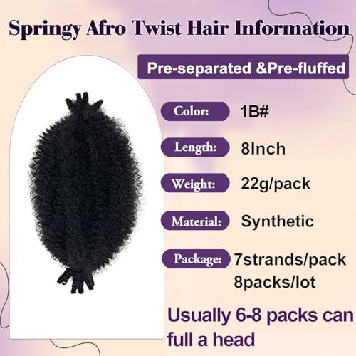 Sunsmilely Afro Twist Hair 8 Inch Marley Twist Braiding Hair 8 Packs Springy Afro Twist Hair 1B Cuban Twist Hair Natural Black Spring Twist Hair Synthetic Wrapping Hair for Soft Locs