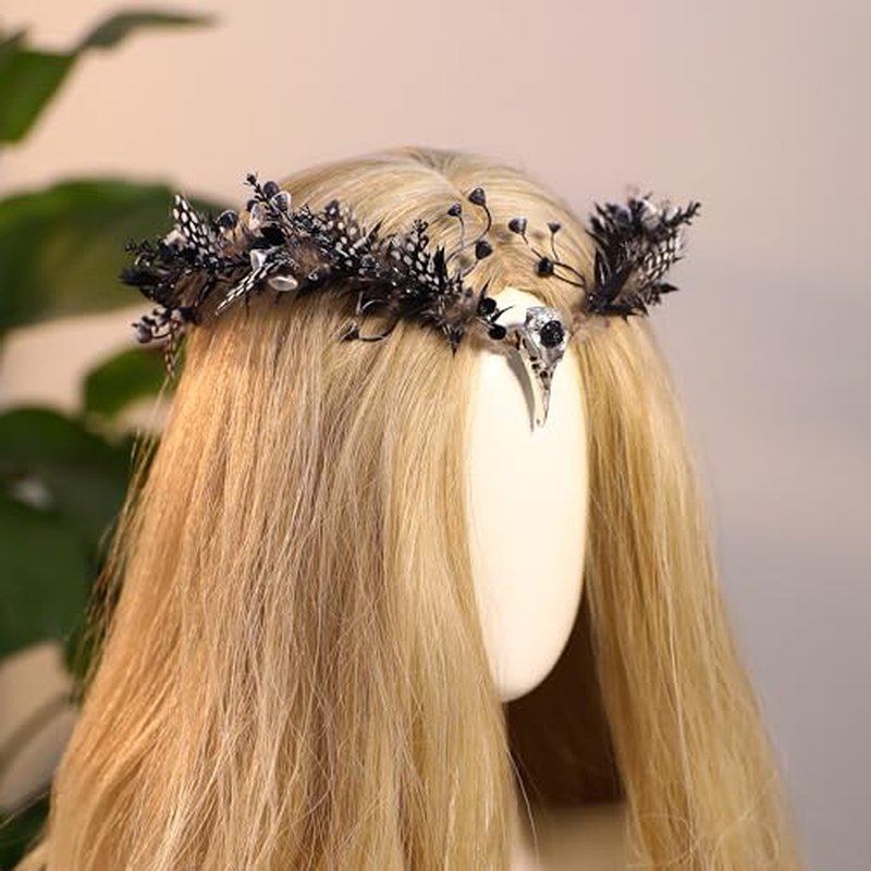 MOSTORY Black Feather Elf Crown - Handmade Witch Headpiece Dark Fairy Tiara with Raven Skull Gothic Cirlcet for Women Girls Renaissance Mardi Gras Cosplay Goth Wedding