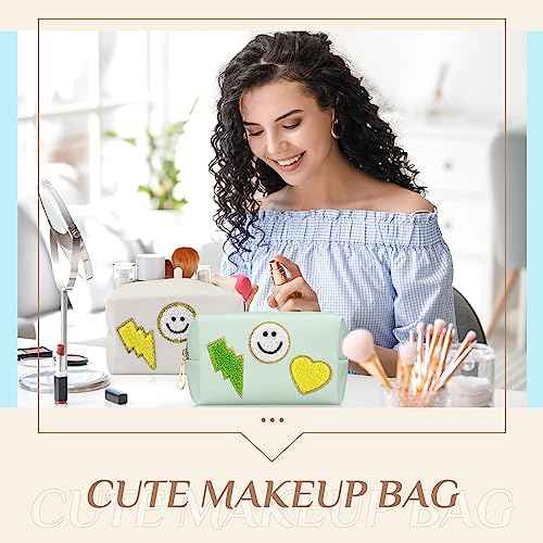 Silkfly 15 Pcs Preppy Patch Makeup Bag Bulk End of the Year Teacher Gifts Bulk Cosmetic Toiletry Bag Smile Lightning Heart PU Leather Portable Waterproof Makeup Cosmetic Purse for Women(Colorful)
