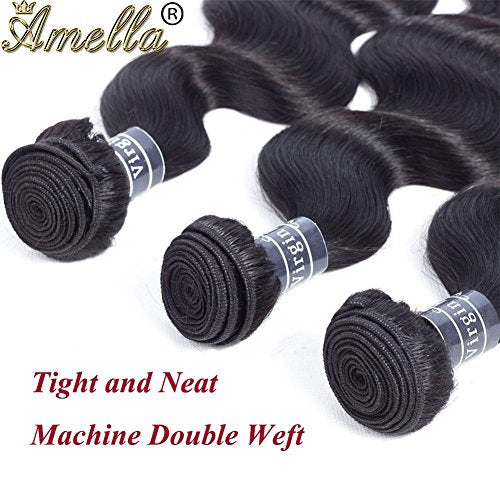 Amella Hair 8A Brazilian Body Wave Virgin Hair 3 Bundles 18 18 18inch 100% Unprocessed Virgin Human Hair Weave Bundles Natural Black Remy Hair