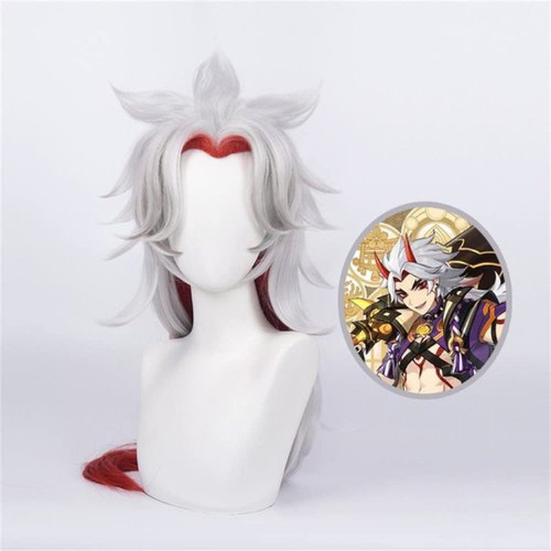 Mystylecos Game Genshin Impact Arataki Itto Silver mix Red Long Wavy Synthetic Wig