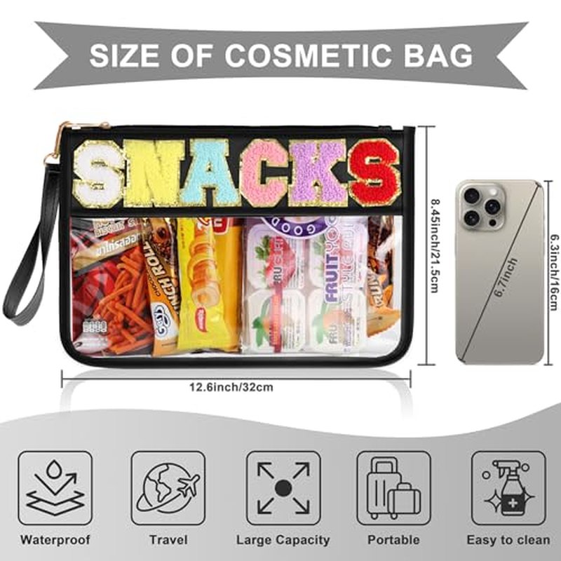 TESAFNG Snack Bag for Travel - Clear Chenille Varsity Letter Flat Pouch with Zipper, Waterproof Clear PVC&PU Preppy Patch Makeup Cosmetic tote Bags for Women Girls (Black-Snacks)