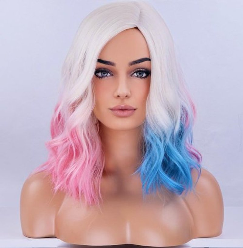 BERON Blonde Ombre Pink Blue Wigs Short Curly Bob Wig for Women Ombre Color Wavy Synthetic Hair Wigs Daily Use