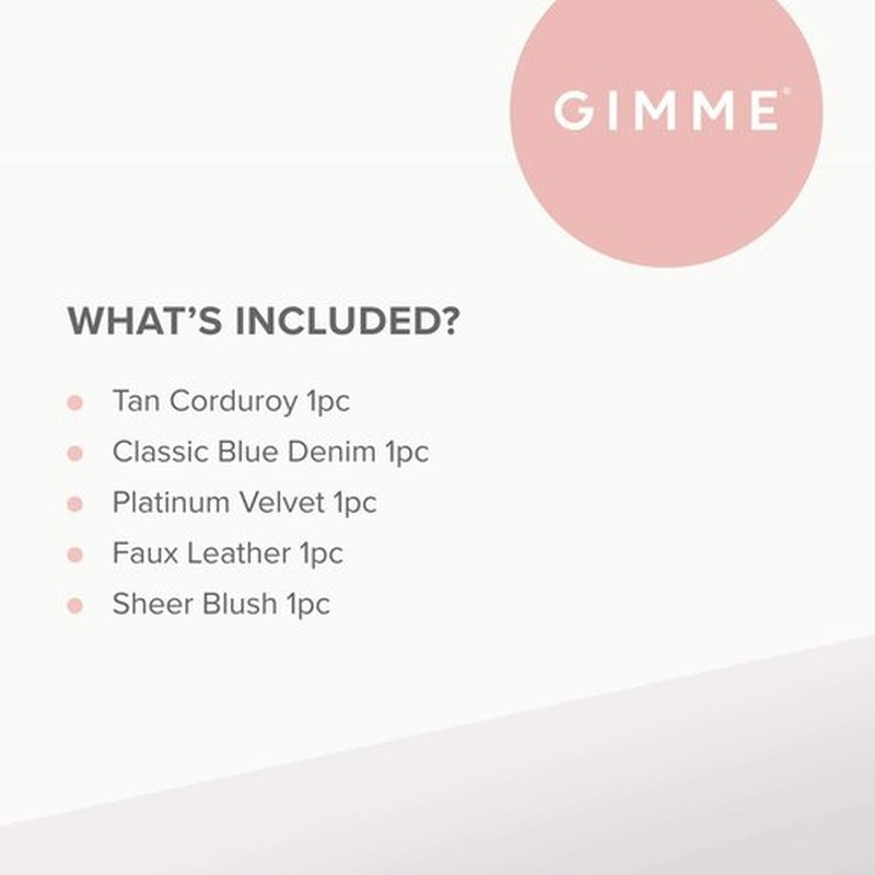 Gimme Beauty - Hair Scrunchies Variety Pack - Denim, Corduroy, Faux Leather, Blush, and Velvet Scrunchies - Gentle All Day Hold Hair Styling Accessories - No-Slipping, Snagging or Creasing (5 Count)