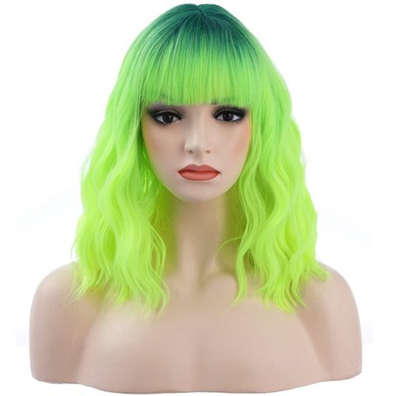 BERON 14 Inches Neon Green Wig Short Curly Wig Lemon Green Wig with Bangs Dark Root Ombre Green Wig Synthetic Wigs Women Girls Ombre Wig with Wig Cap