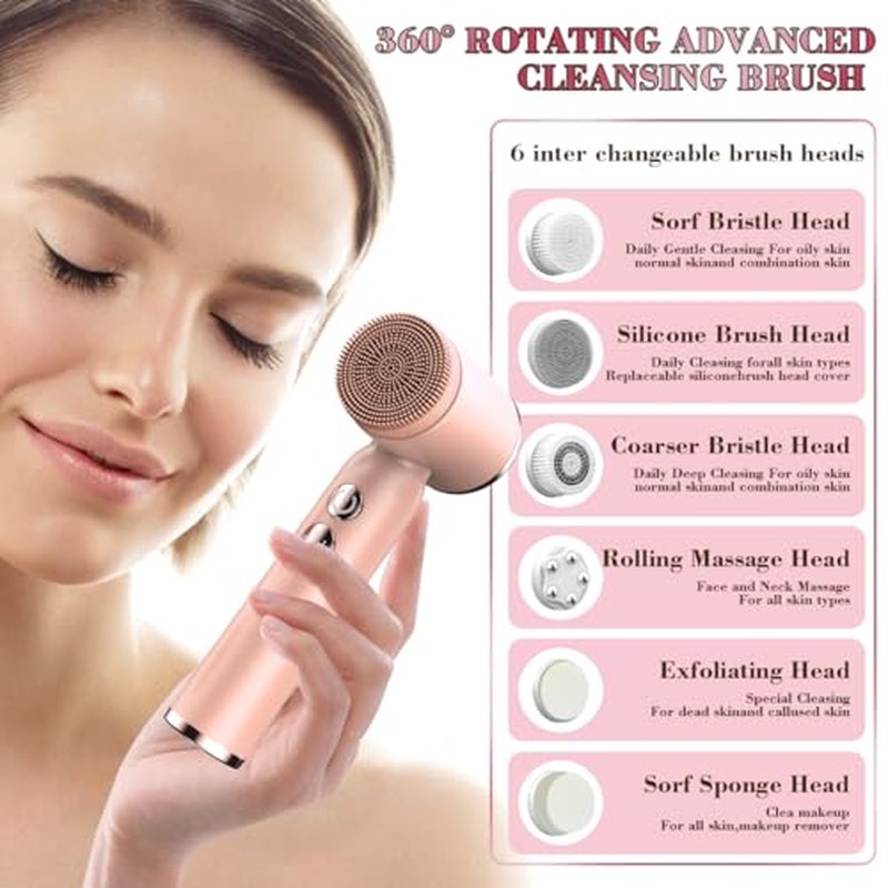 Facial Cleansing Brush,6 in 1 Electric Face Scrubber Facial Spin Rechargable IPX6 Waterproof Face Scrubber with 6 Brush Heads,3 Speeds Suitable Oily Dry Sensitive Skin Women & Men for Deep Cleansing
