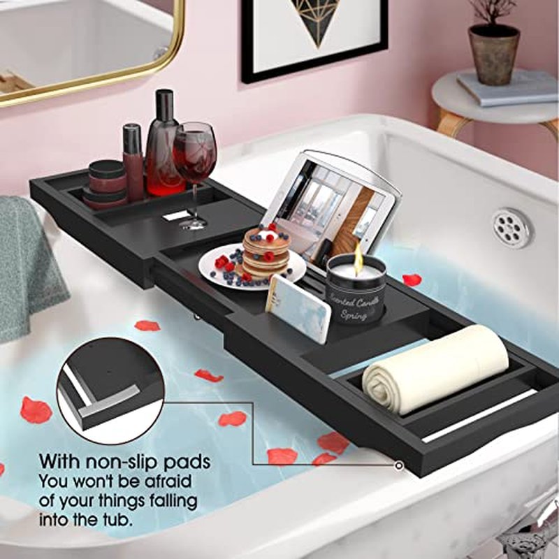 Luxury Bathtub Caddy Tray for Tub - Foldable Bamboo Bath Table Tray with Book and Wine Glass Holder, Expandable Bathroom Accessories for Spa or Reading Lite Style,Black