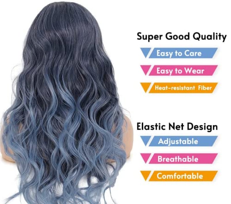 Wiwige Long Curly Wavy Ombre Blue Wigs for Women Synthetic Natural Middle Part Daily Party Halloween Cosplay Wig 22"
