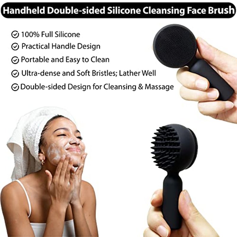 Silicone Facial Cleansing Brush 2 in 1 Silicone Facial Scrubber Manual Exfoliating Facial Brush Face Cleanser Face Exfoliator Ultrafine Bristles for Sensitive Skin Easy to Clean Lather Well (Black)