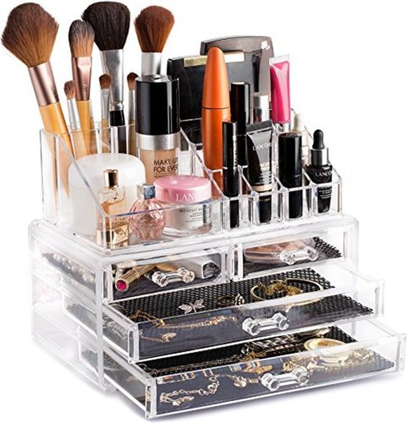 Masisrs Clear Makeup Organizer - Cosmetic Storage Organizer - 16 Compartments - Easily Sort Make Up & Jewelry - 4 Drawer Vanity Organizer - Elegant Look - Transparent Design - Makeup Holder