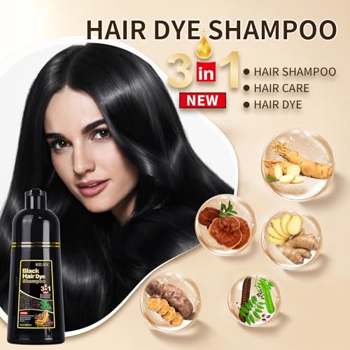 RILSIC Hair Dye Shampoo 3 IN 1 for Women & Men, Instant Black Hair Color, 100% Grey Hair Coverage, Natural Black Hair Dye Coloring in Minutes (500ML)
