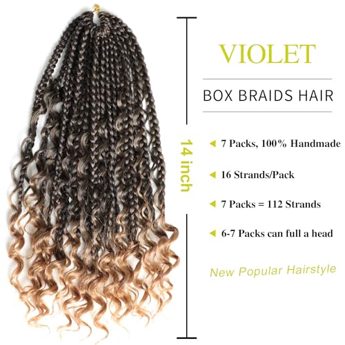 14 Inch Boho Box Braids 7 Packs Goddess Box Braids Crochet Hair Pre Looped Crochet Braids for Black Women Braiding Hair with Curly Ends Ombre Box Braids Hair(14 Inch, 7Packs, 1B/27)