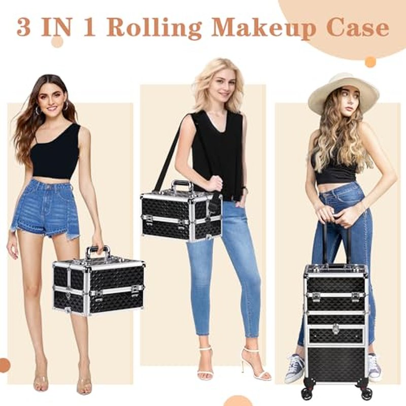 Imseigo 2-In-1 Makeup Train Case Large Storage, Detachable Universal Wheels, Portable Aluminum Cosmetic Trolley, Makeup Travel Case with Diamond Pattern Makeup Artists, Manicurists (Black)