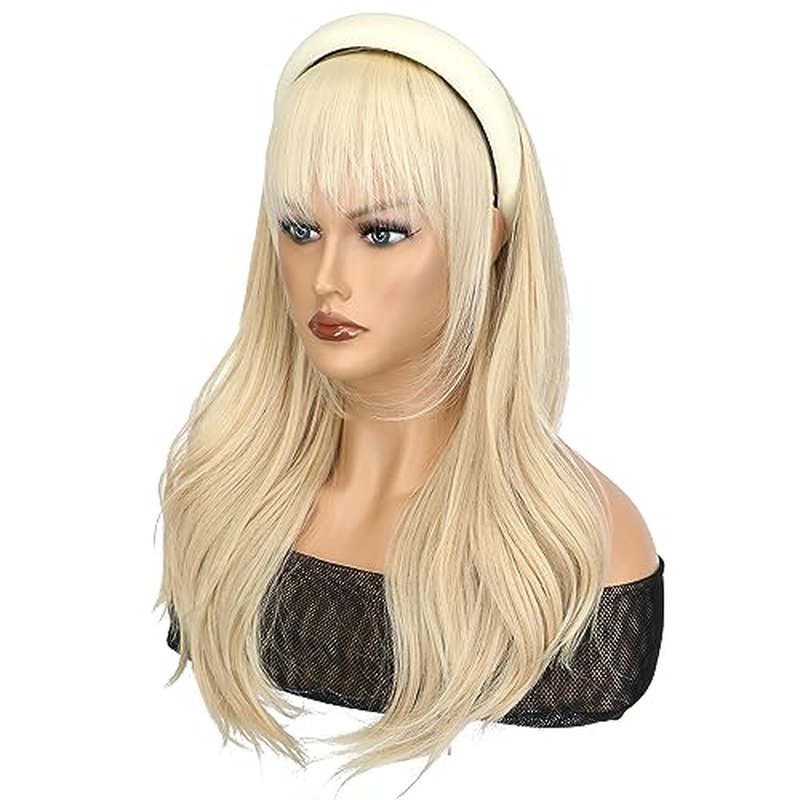Soulwigger 22 inch Synthetic Beige Headband Hair Wig Curly Body Wave Glueless Ash Blonde mix Bleach Blonde Wigs For Women With None Lace Front