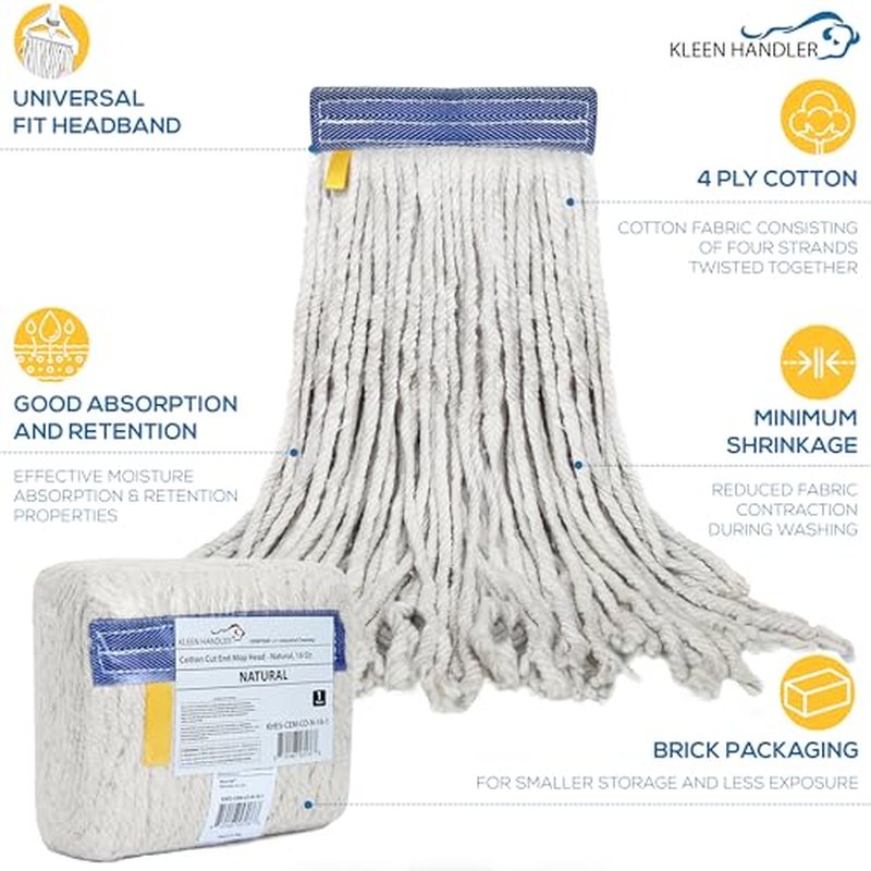 Pack of 3 Cut End Cotton Mop Head Replacement, 1.25-inch Universal Headband, Wet Mop Refills, Natural, 16 Oz