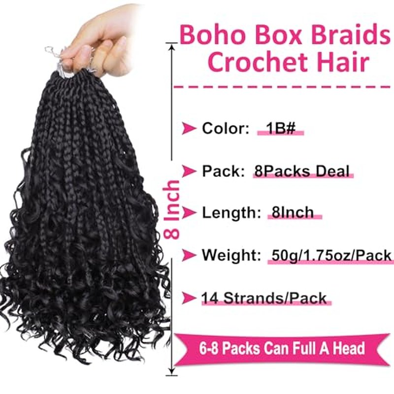 Unionbeauty 8 Packs Boho Box Braids Crochet Hair Goddess Box Braids Crochet Hair Curly Ends Kids Crochet Hair for Little Girls 10 Inch Bohemian Hippie Crochet Braids Synthetic Braiding Hair Extension