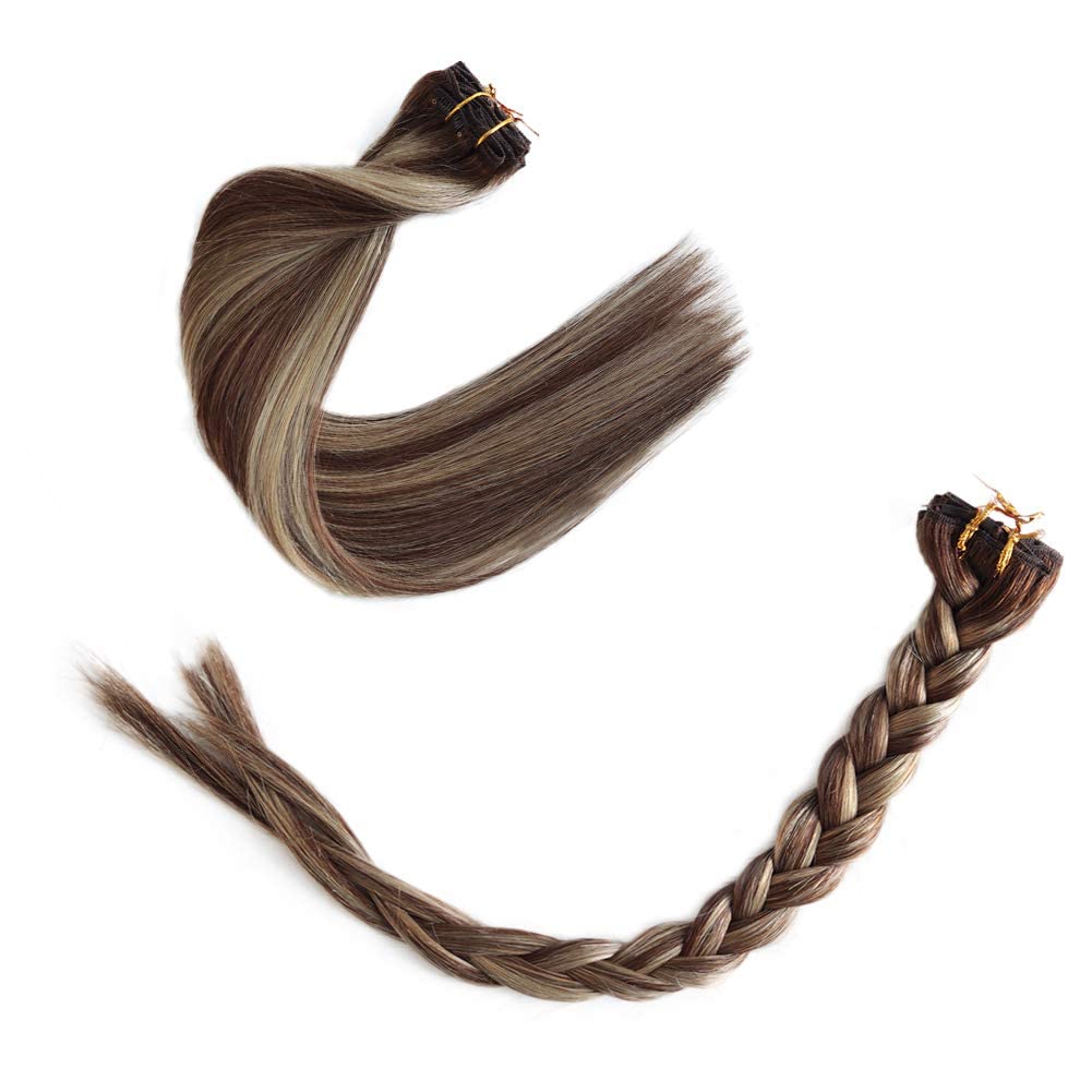 Clip in Hair Extensions Real Human Hair, Balayage Dark Roots Fading to Ash Brown Straight Natural Remy Hair Seamless Clip in Hair Extensions with 16 Clips 14" 70G